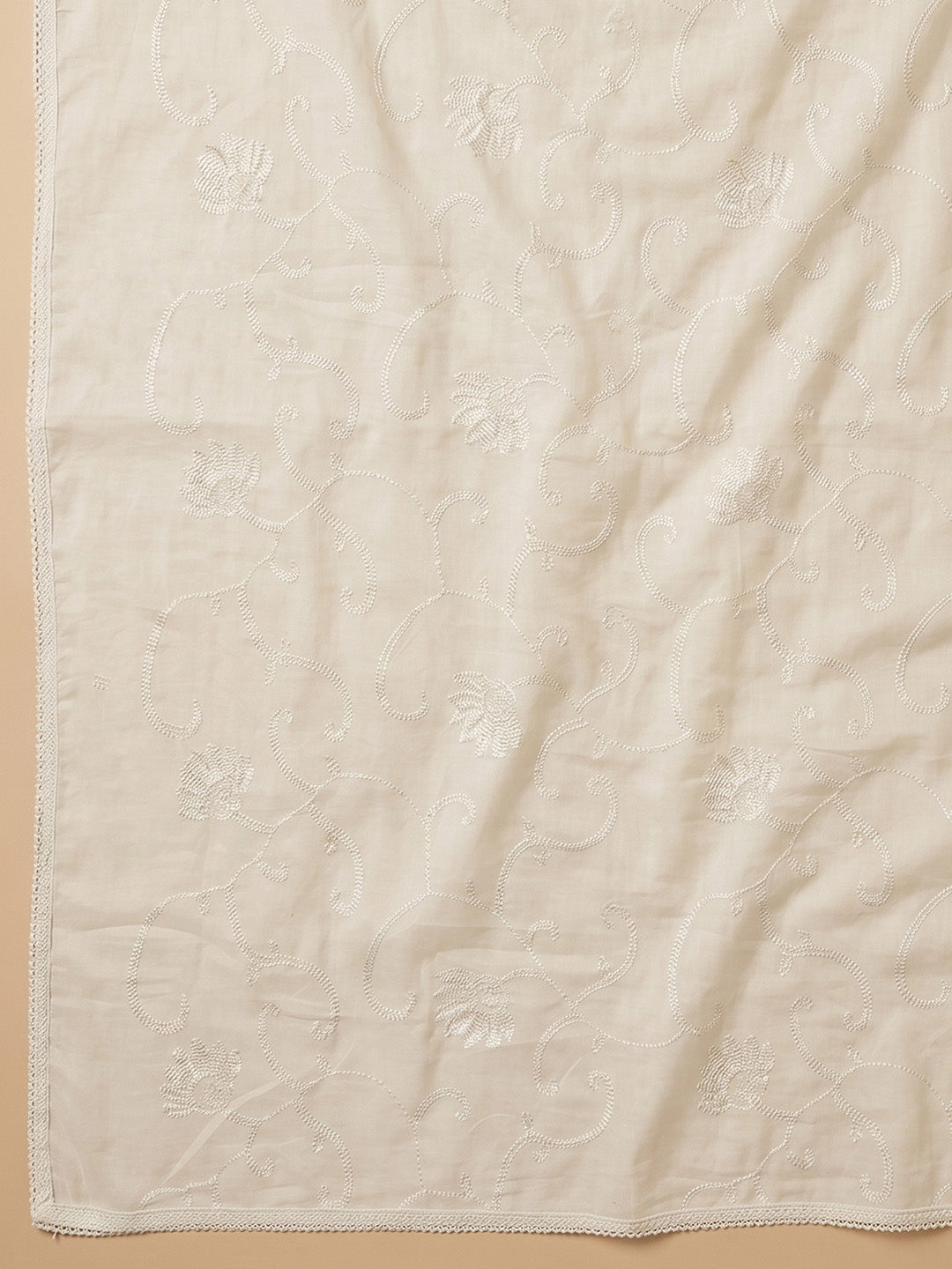Cream Green Printed Cotton Blend Unstitched Suit With Pant &amp; Dupatta