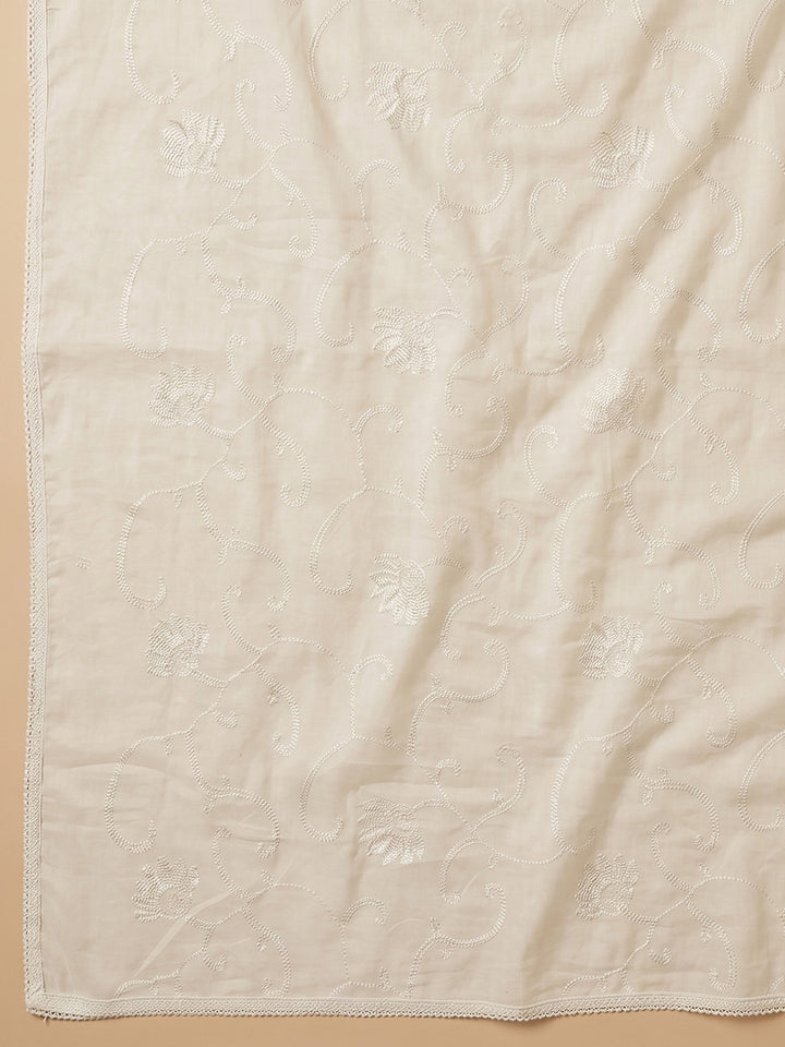 Cream Green Printed Cotton Blend Unstitched Suit With Pant &amp; Dupatta