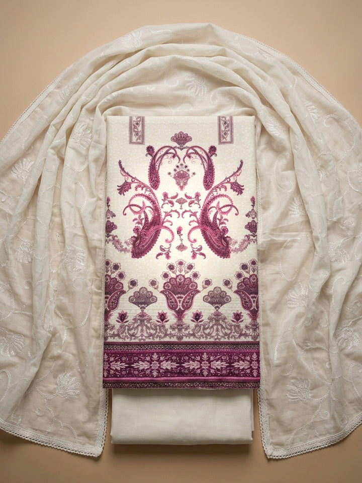 Cream Pink Printed Cotton Blend Unstitched Suit With Pant &amp; Dupatta