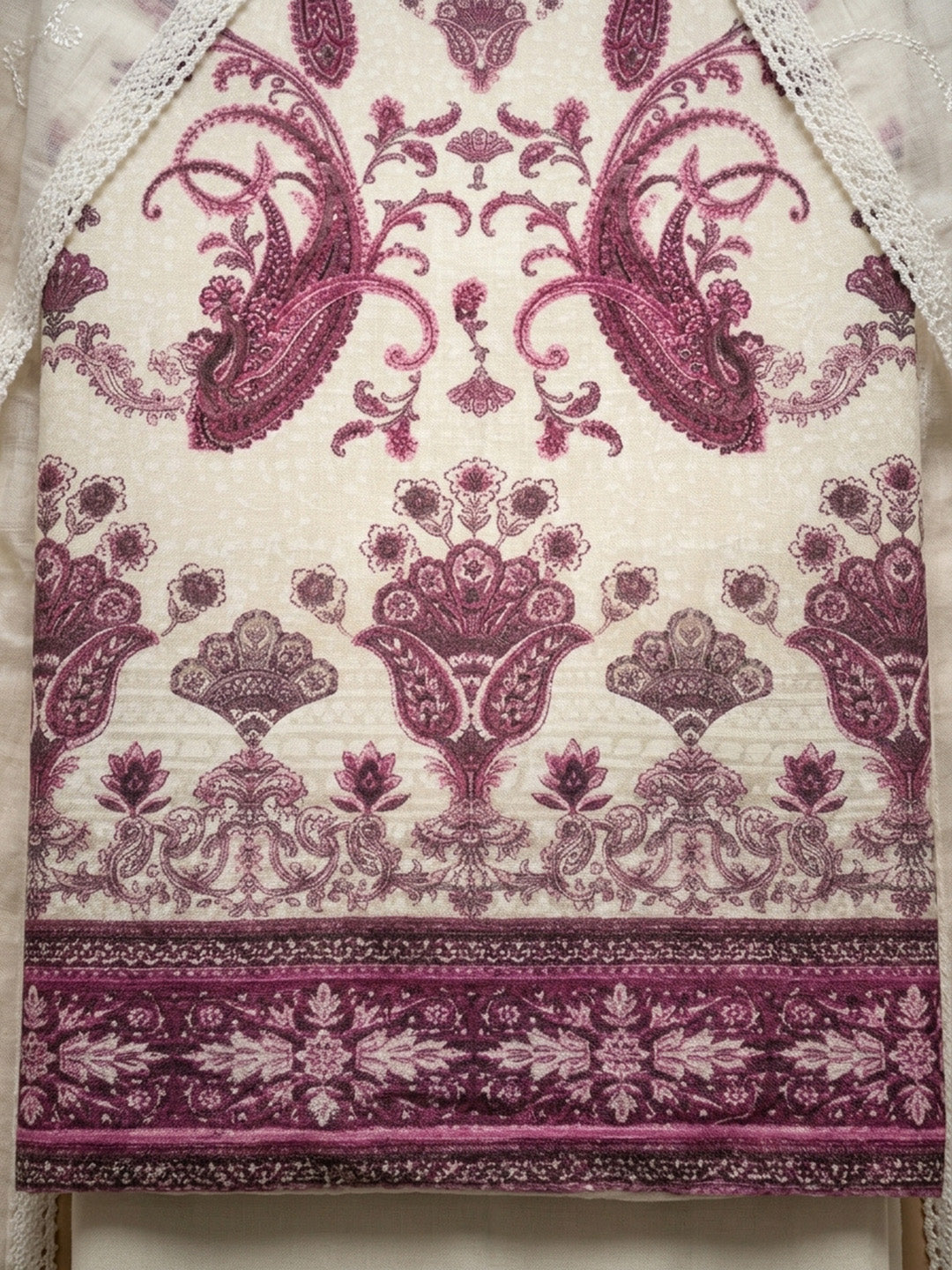 Cream Pink Printed Cotton Blend Unstitched Suit With Pant &amp; Dupatta