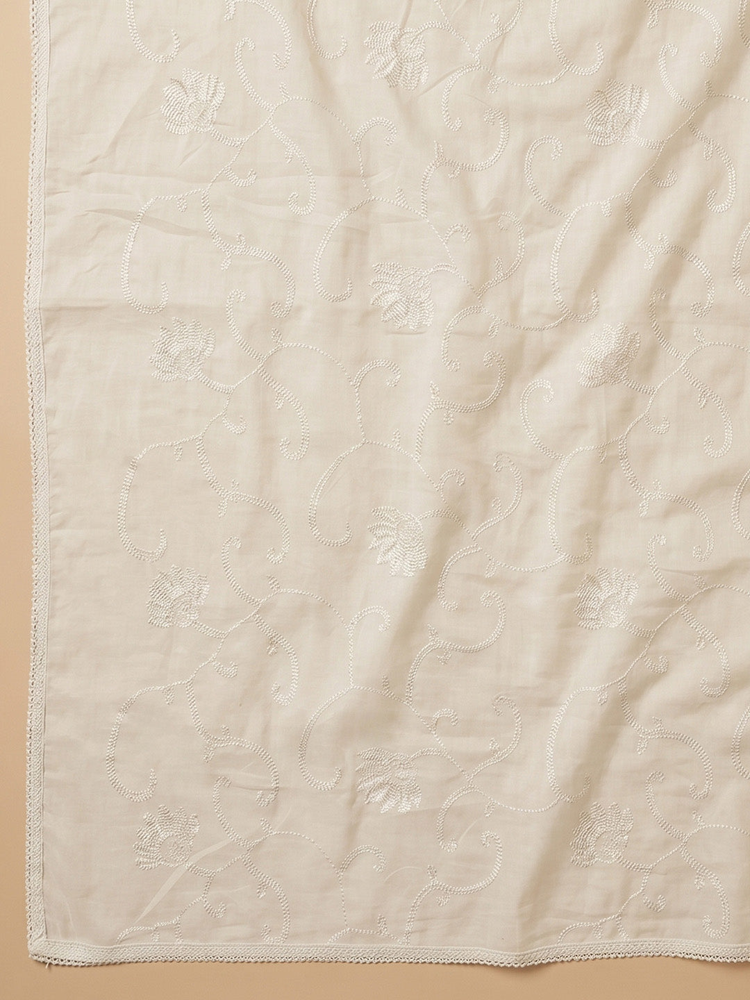 Cream Pink Printed Cotton Blend Unstitched Suit With Pant &amp; Dupatta
