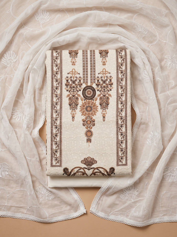 Cream Rust Printed Cotton Blend Unstitched Suit With Pant &amp; Dupatta