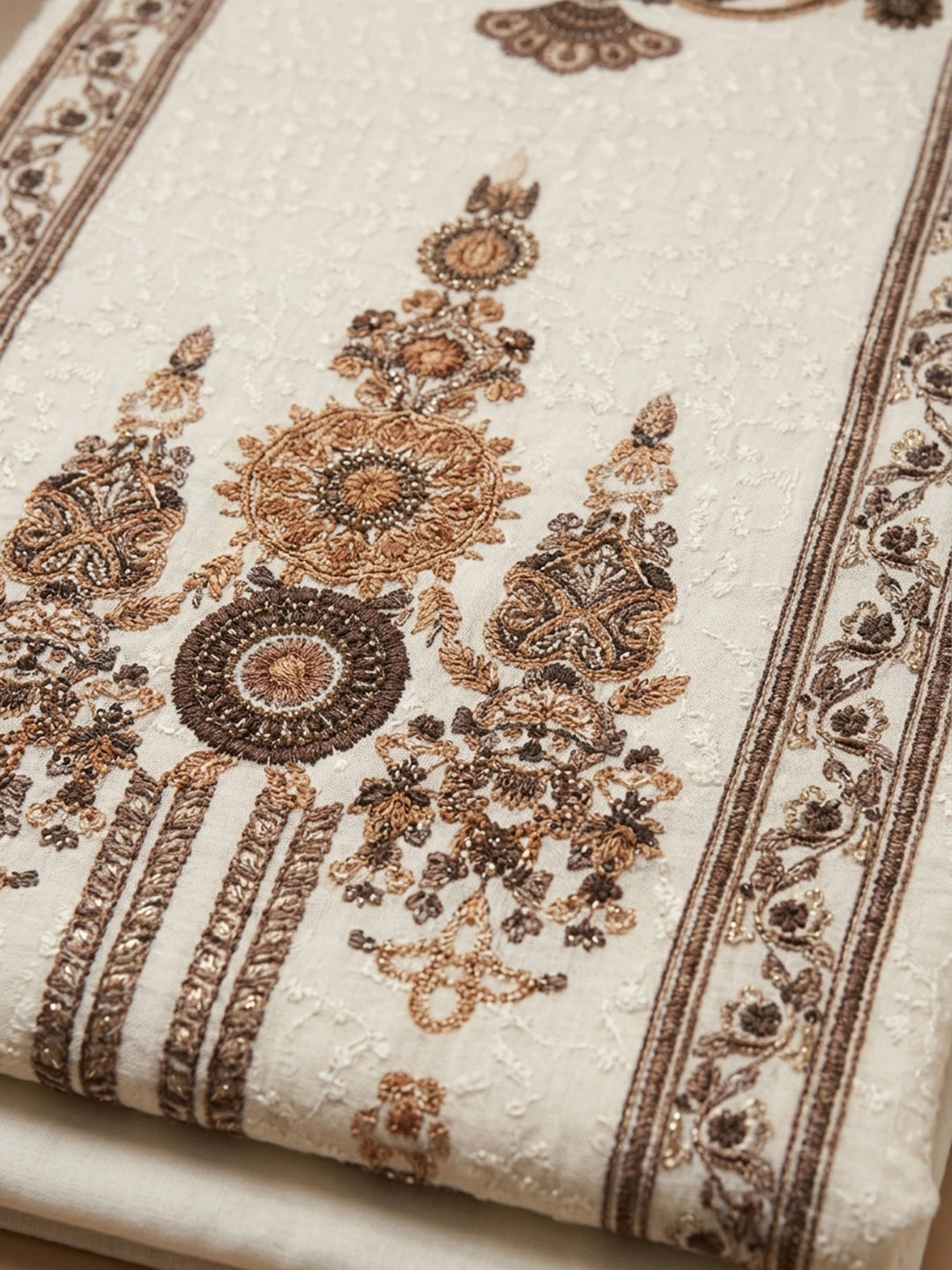 Cream Rust Printed Cotton Blend Unstitched Suit With Pant &amp; Dupatta