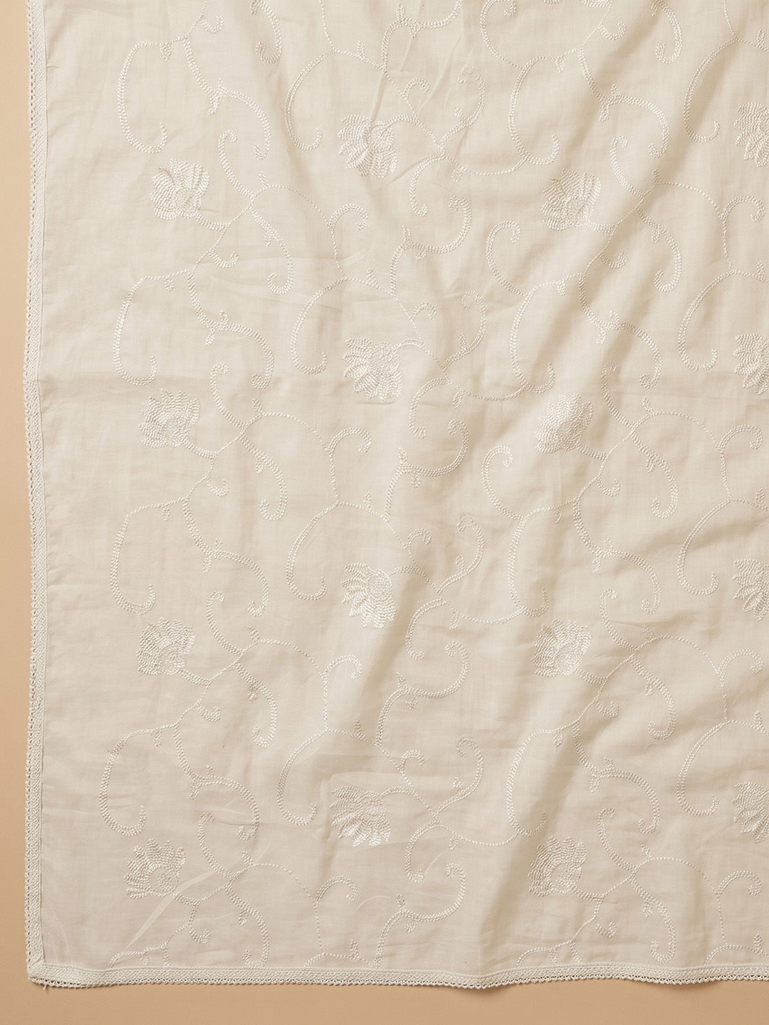 Cream Rust Printed Cotton Blend Unstitched Suit With Pant &amp; Dupatta