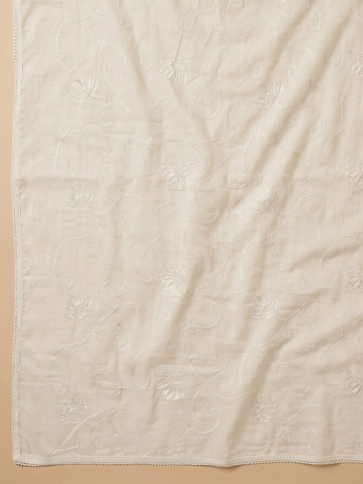 Cream Rust Printed Cotton Blend Unstitched Suit With Pant &amp; Dupatta
