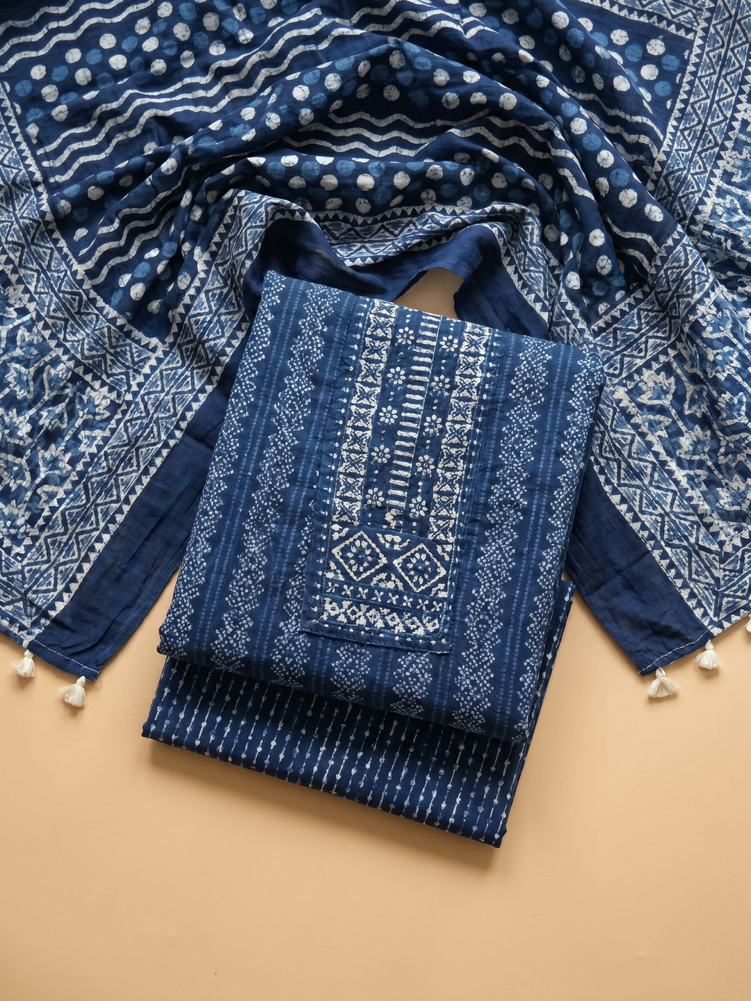 Blue Printed Cotton Blend Unstitched Suit &amp; Pant With Cotton Dupatta