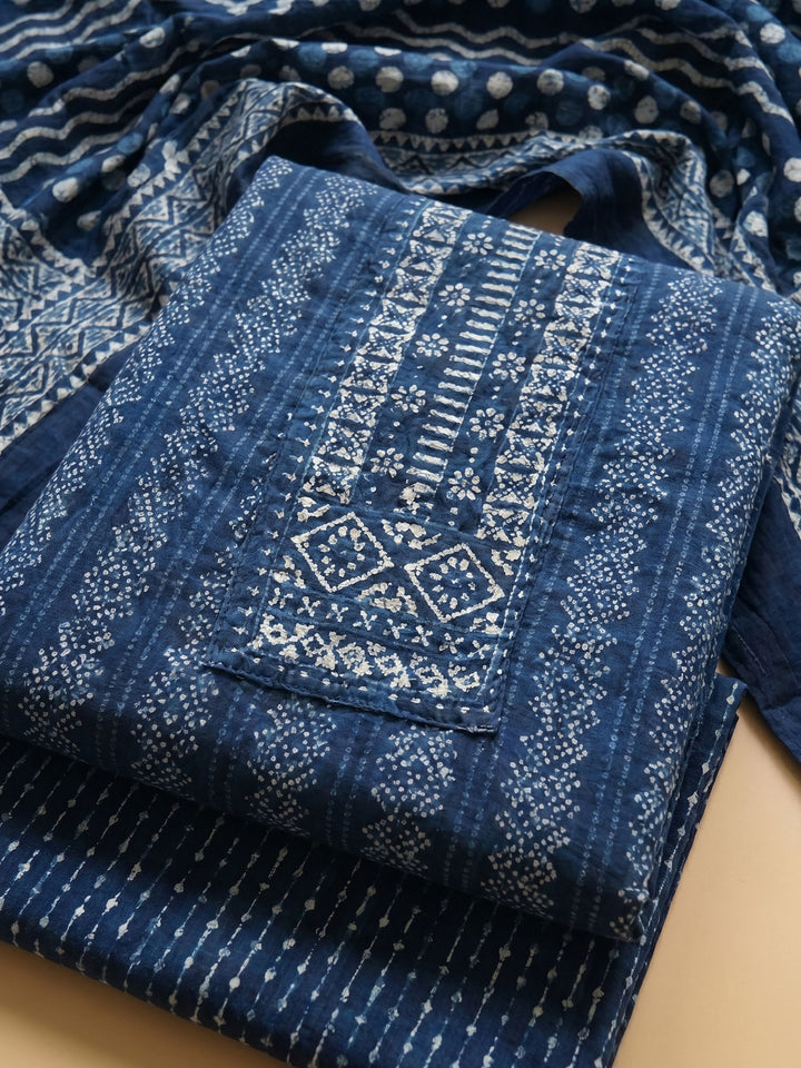 Blue Printed Cotton Blend Unstitched Suit &amp; Pant With Cotton Dupatta