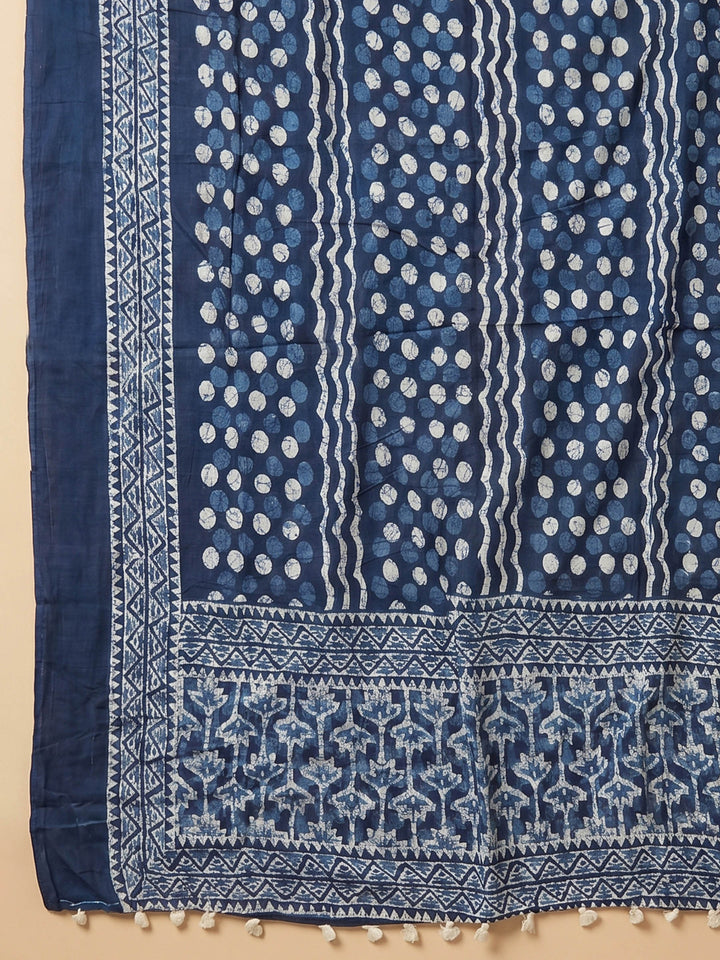 Blue Printed Cotton Blend Unstitched Suit &amp; Pant With Cotton Dupatta