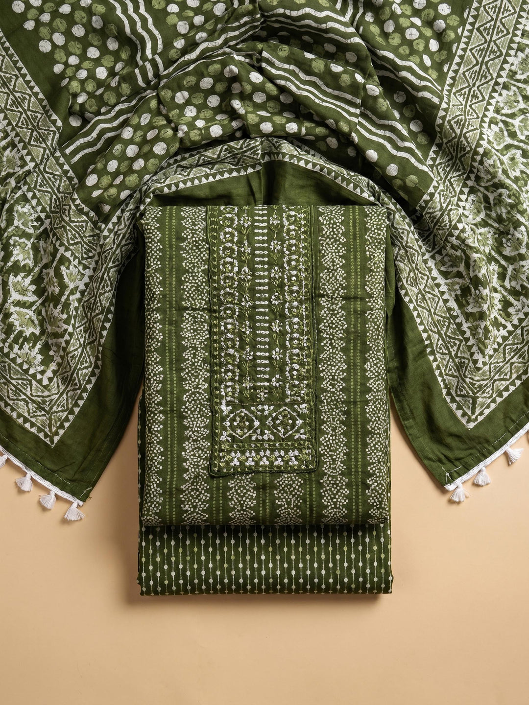 Bottle Green Printed Cotton Blend Unstitched Suit &amp; Pant With Cotton Dupatta