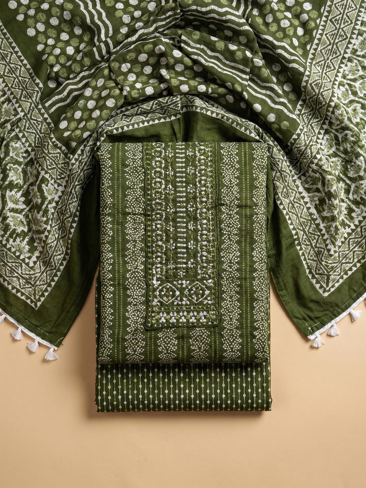 Bottle Green Printed Cotton Blend Unstitched Suit &amp; Pant With Cotton Dupatta