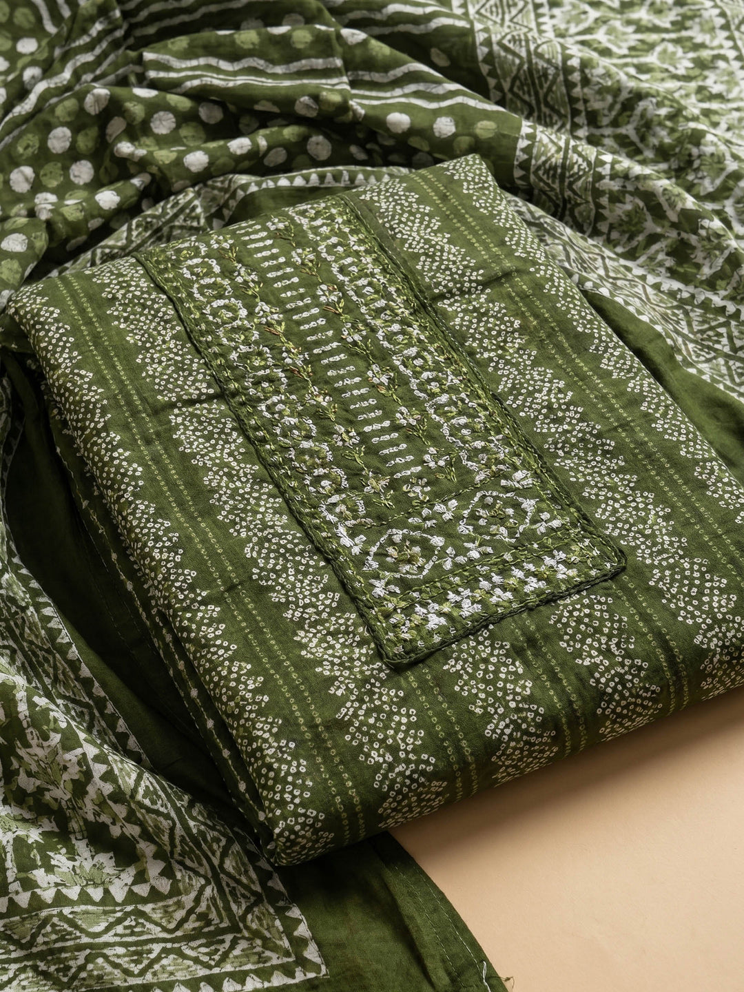 Bottle Green Printed Cotton Blend Unstitched Suit &amp; Pant With Cotton Dupatta