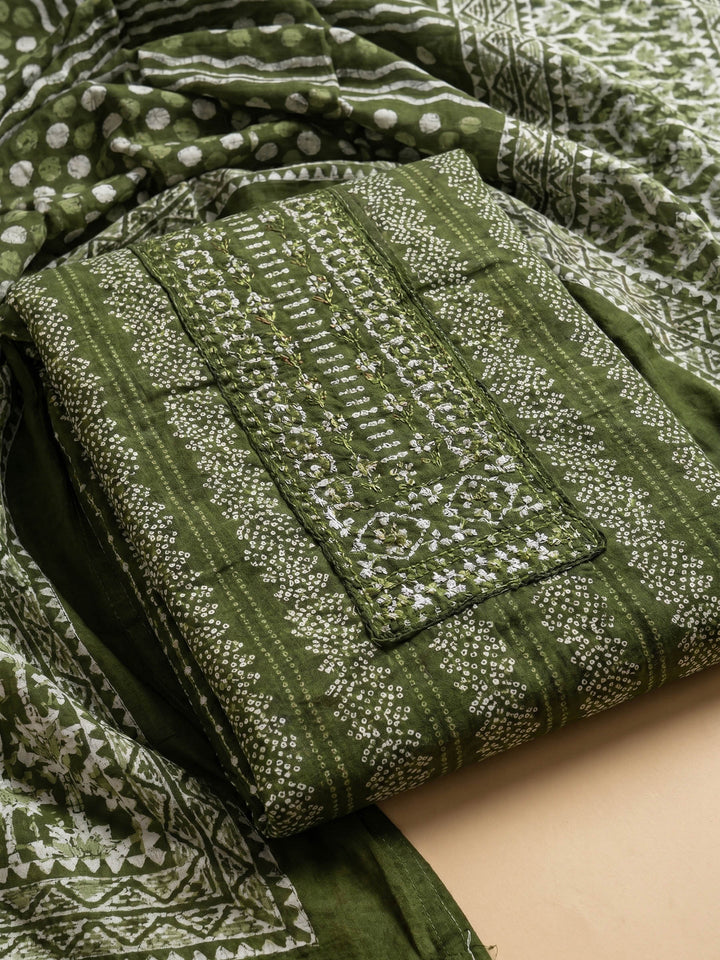 Bottle Green Printed Cotton Blend Unstitched Suit &amp; Pant With Cotton Dupatta