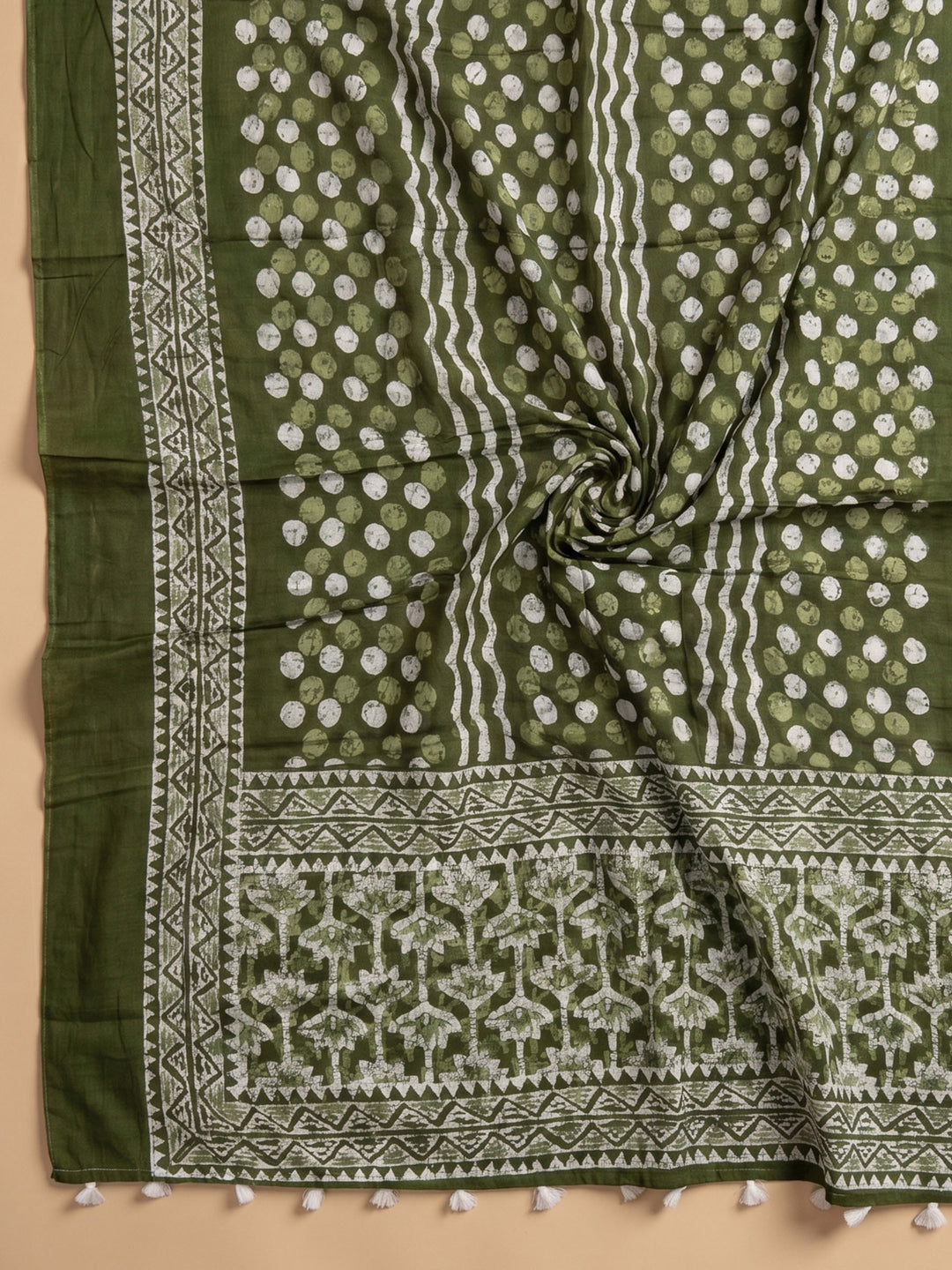 Bottle Green Printed Cotton Blend Unstitched Suit &amp; Pant With Cotton Dupatta
