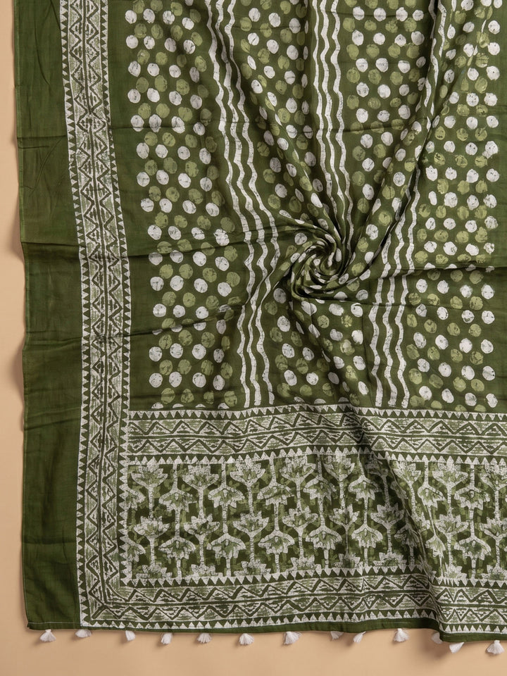 Bottle Green Printed Cotton Blend Unstitched Suit &amp; Pant With Cotton Dupatta