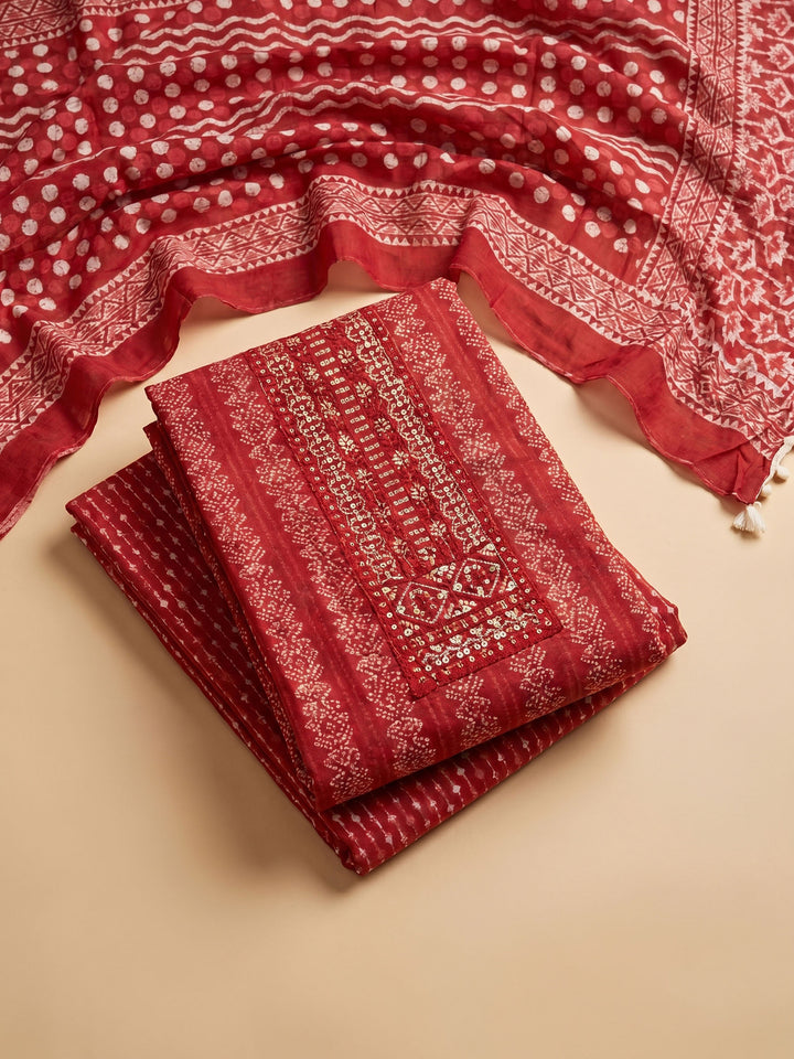 Red Printed Cotton Blend Unstitched Suit &amp; Pant With Cotton Dupatta