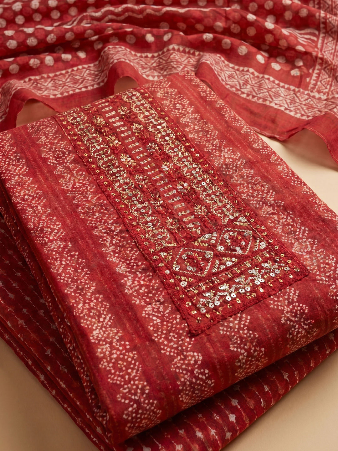 Red Printed Cotton Blend Unstitched Suit &amp; Pant With Cotton Dupatta