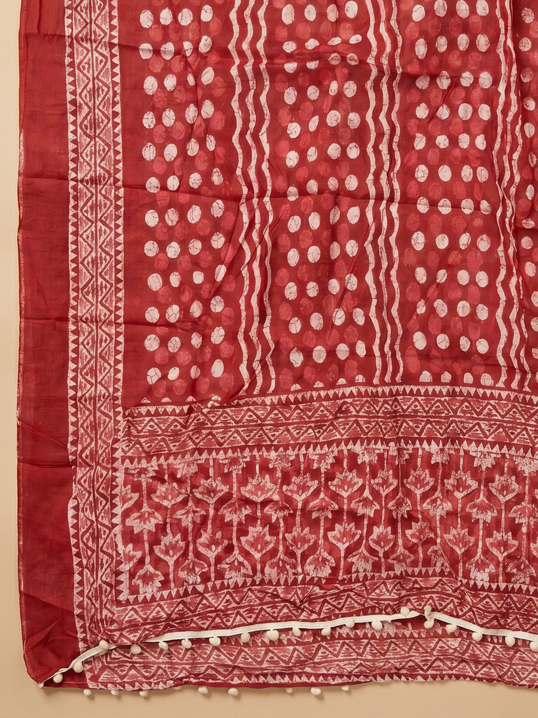Red Printed Cotton Blend Unstitched Suit &amp; Pant With Cotton Dupatta