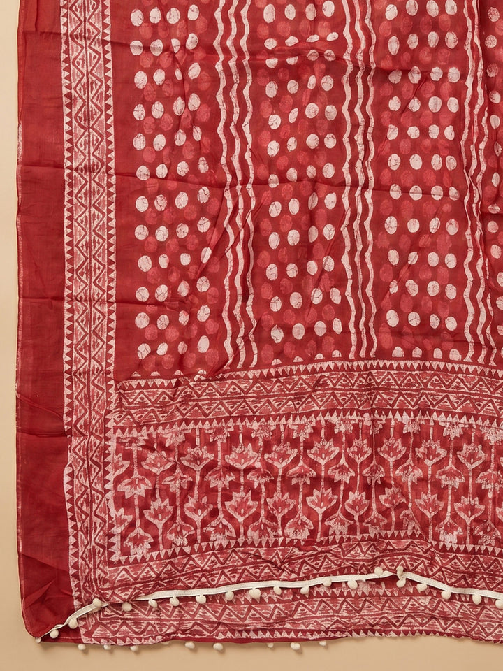 Red Printed Cotton Blend Unstitched Suit &amp; Pant With Cotton Dupatta