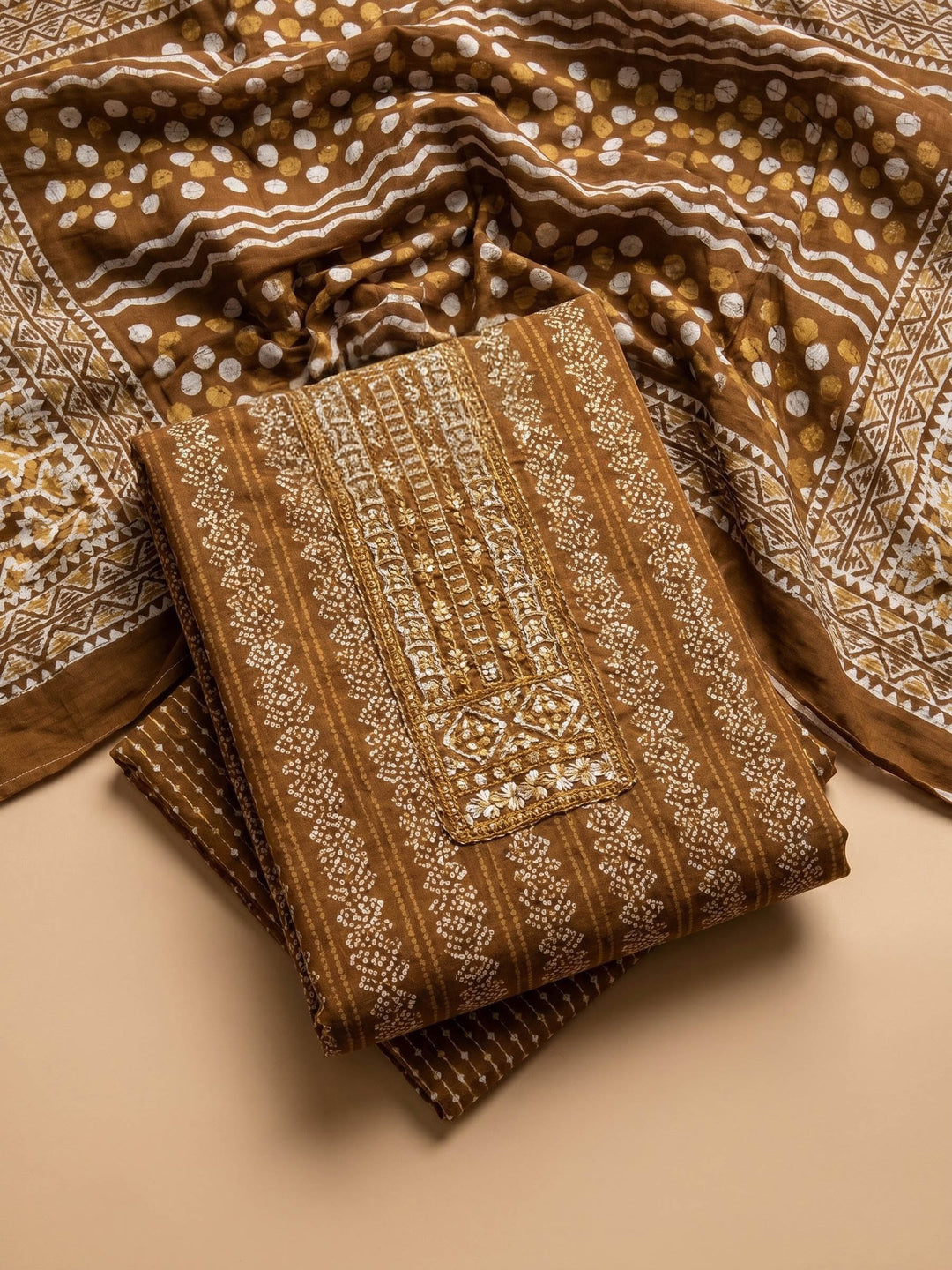 Rust Printed Cotton Blend Unstitched Suit &amp; Pant With Cotton Dupatta