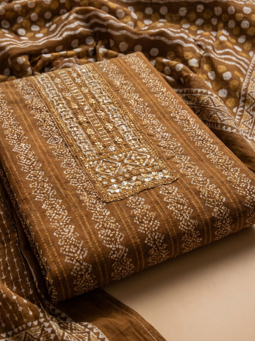 Rust Printed Cotton Blend Unstitched Suit &amp; Pant With Cotton Dupatta