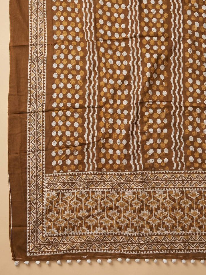 Rust Printed Cotton Blend Unstitched Suit &amp; Pant With Cotton Dupatta