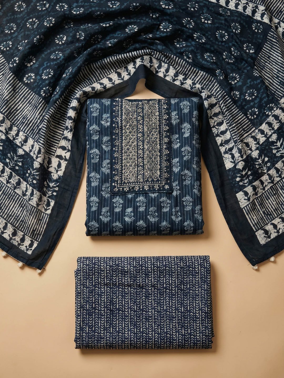 Blue Printed Cotton Blend Unstitched Suit &amp; Pant With Cotton Dupatta