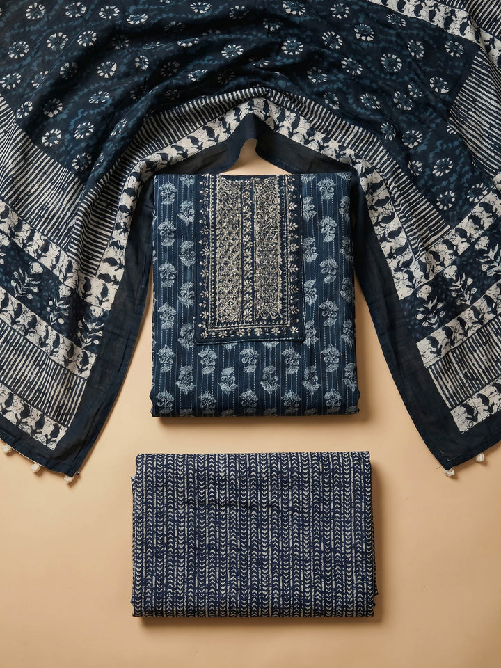 Blue Printed Cotton Blend Unstitched Suit &amp; Pant With Cotton Dupatta