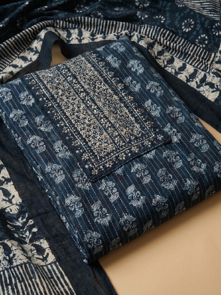 Blue Printed Cotton Blend Unstitched Suit &amp; Pant With Cotton Dupatta