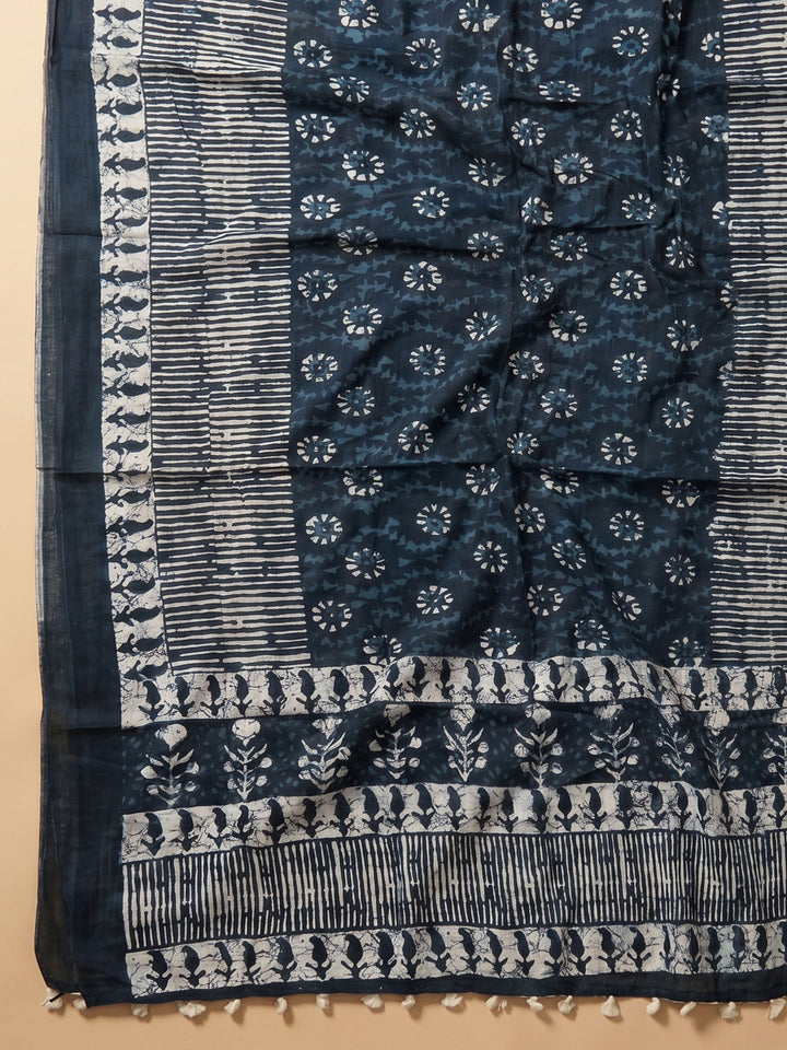 Blue Printed Cotton Blend Unstitched Suit &amp; Pant With Cotton Dupatta