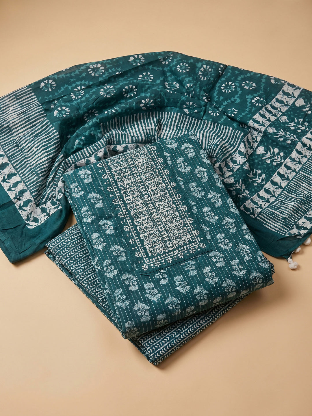 Green Printed Cotton Blend Unstitched Suit &amp; Pant With Cotton Dupatta