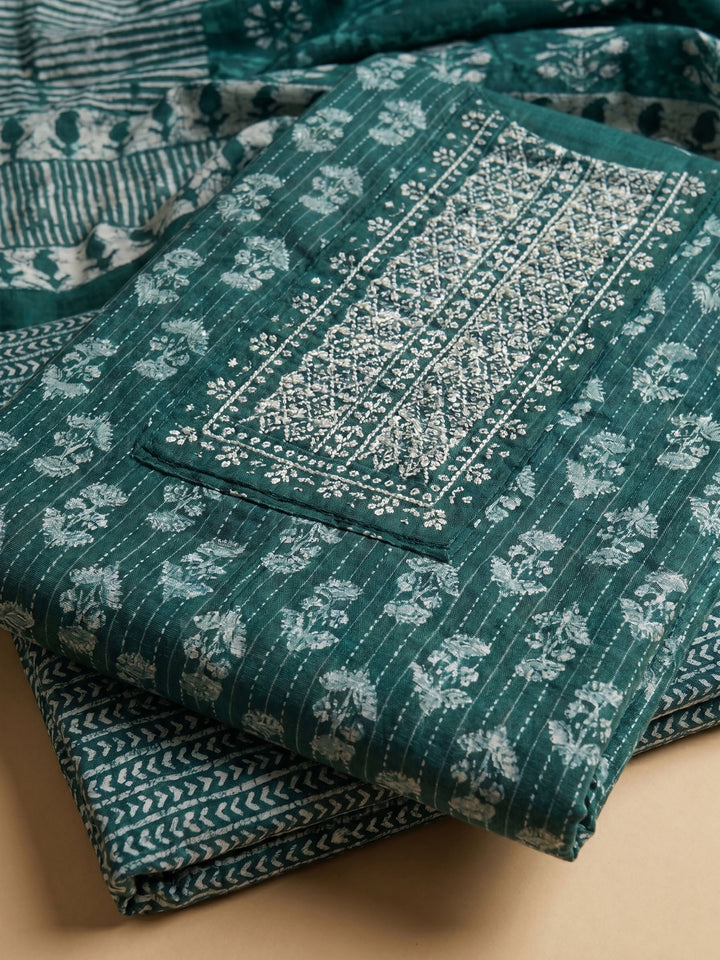 Green Printed Cotton Blend Unstitched Suit &amp; Pant With Cotton Dupatta