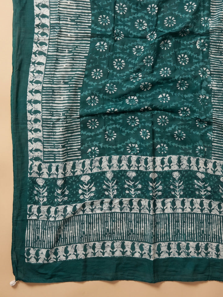 Green Printed Cotton Blend Unstitched Suit &amp; Pant With Cotton Dupatta
