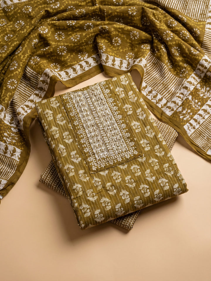 Mehndi Printed Cotton Blend Unstitched Suit &amp; Pant With Cotton Dupatta