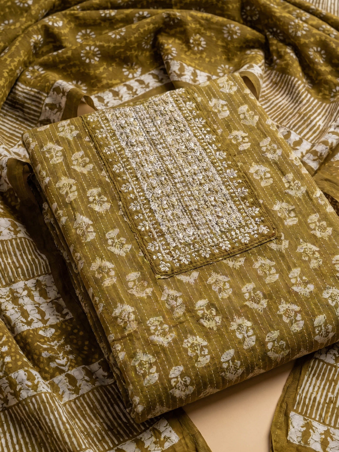 Mehndi Printed Cotton Blend Unstitched Suit &amp; Pant With Cotton Dupatta