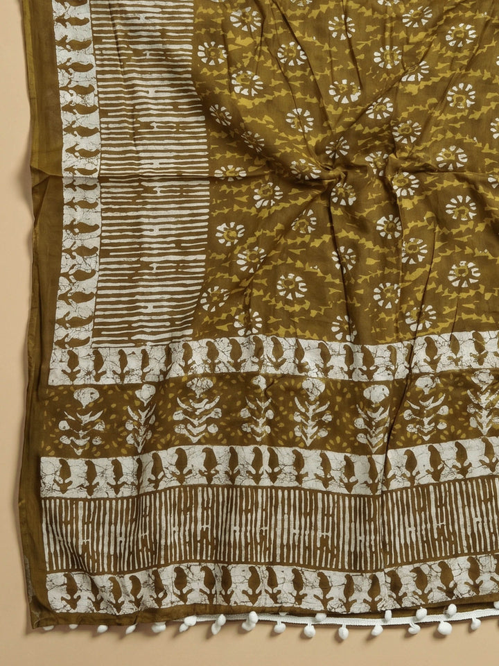 Mehndi Printed Cotton Blend Unstitched Suit &amp; Pant With Cotton Dupatta