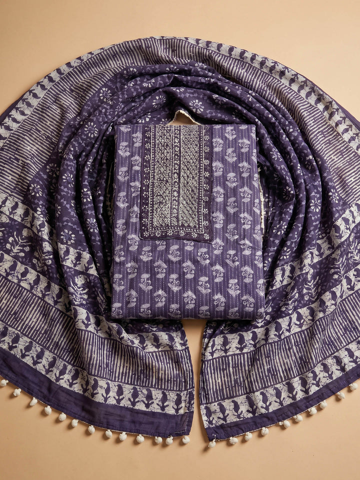 Purple Printed Cotton Blend Unstitched Suit &amp; Pant With Cotton Dupatta