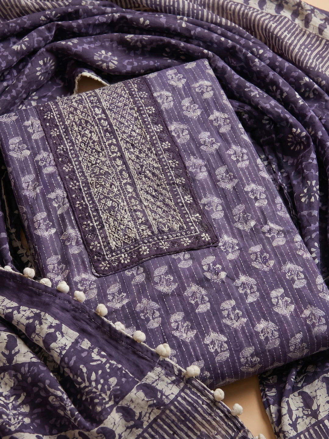 Purple Printed Cotton Blend Unstitched Suit &amp; Pant With Cotton Dupatta