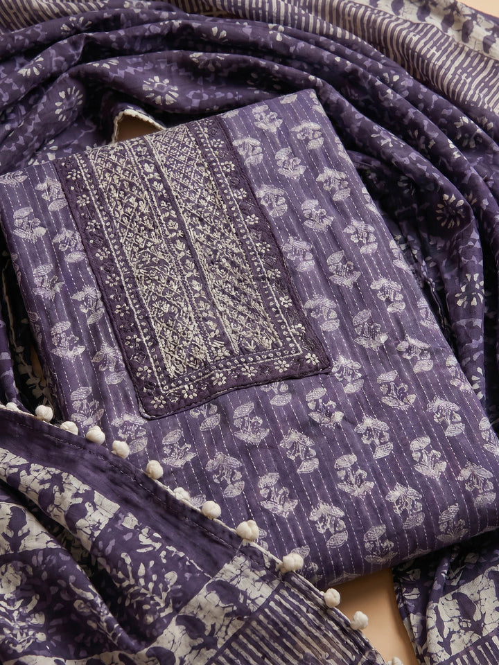 Purple Printed Cotton Blend Unstitched Suit &amp; Pant With Cotton Dupatta