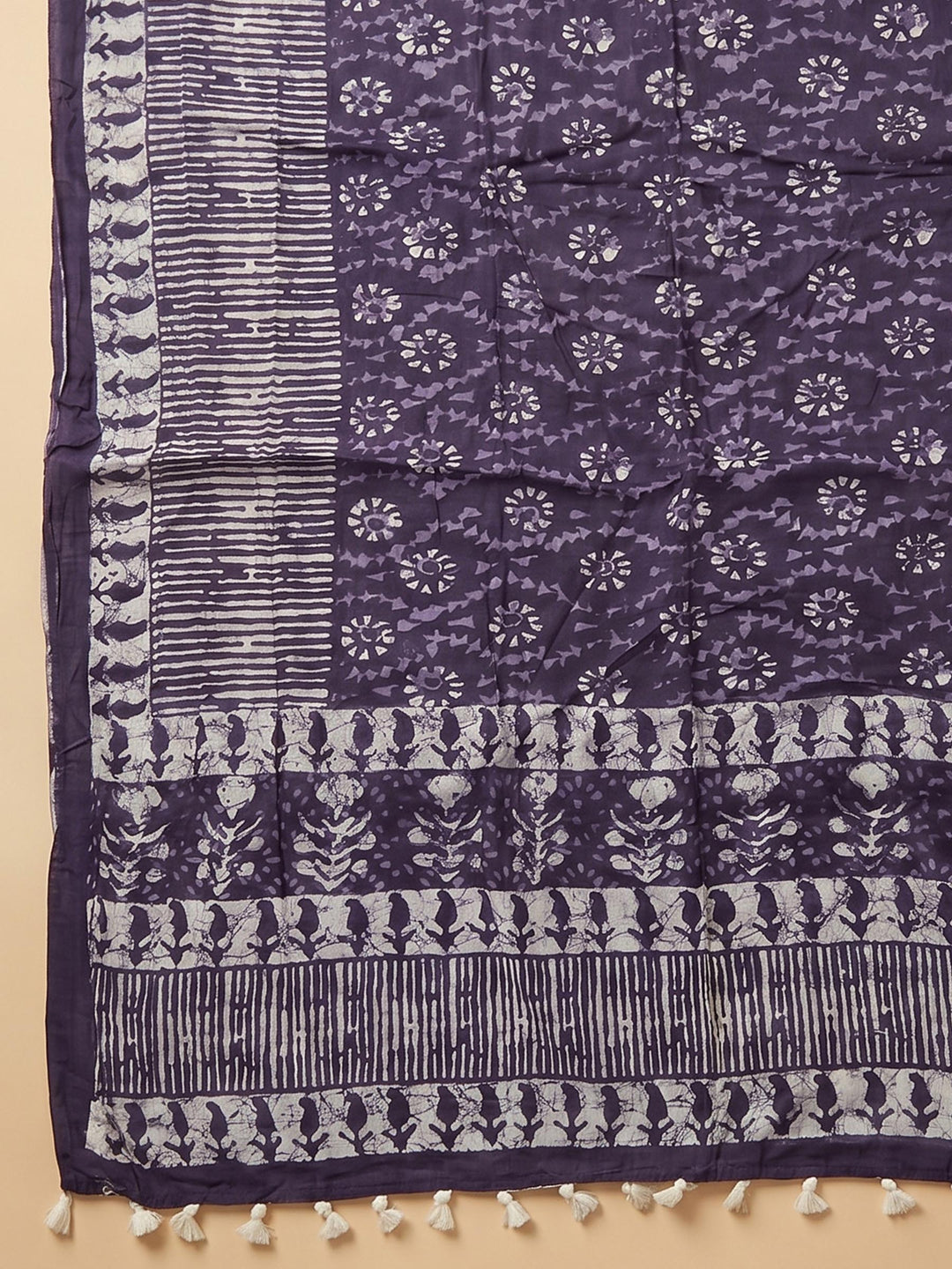 Purple Printed Cotton Blend Unstitched Suit &amp; Pant With Cotton Dupatta