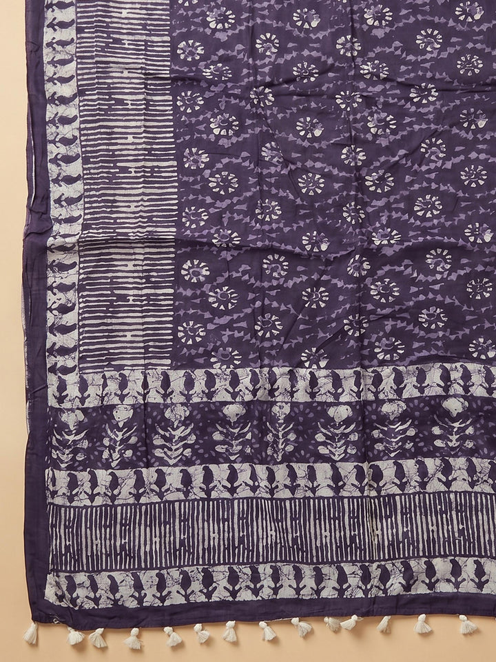 Purple Printed Cotton Blend Unstitched Suit &amp; Pant With Cotton Dupatta