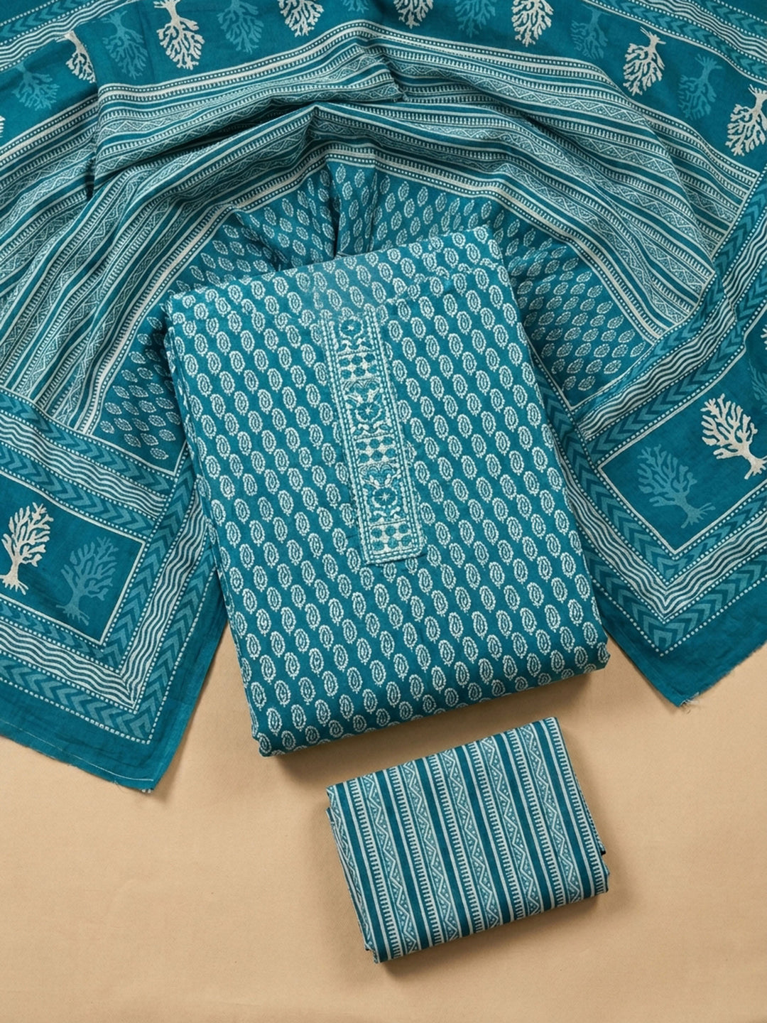 Blue Printed Cotton Blend Unstitched Suit &amp; Pant With Cotton Dupatta