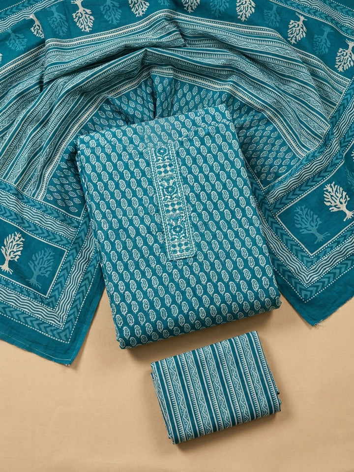 Blue Printed Cotton Blend Unstitched Suit &amp; Pant With Cotton Dupatta