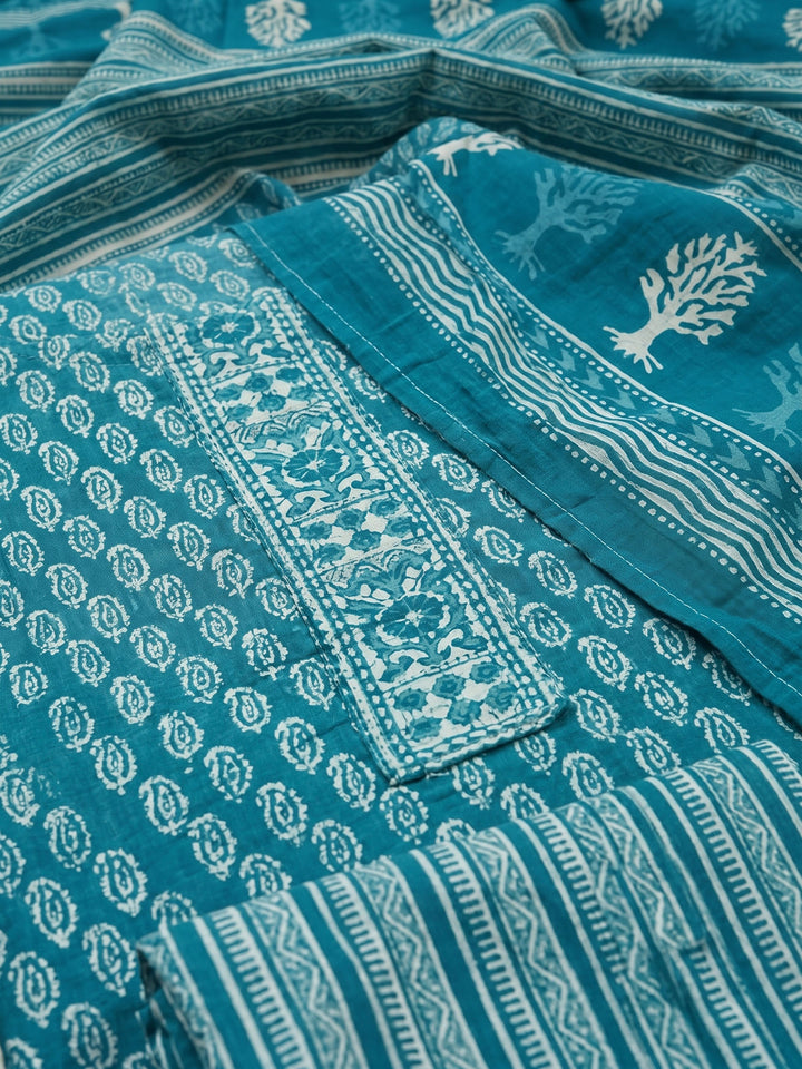 Blue Printed Cotton Blend Unstitched Suit &amp; Pant With Cotton Dupatta