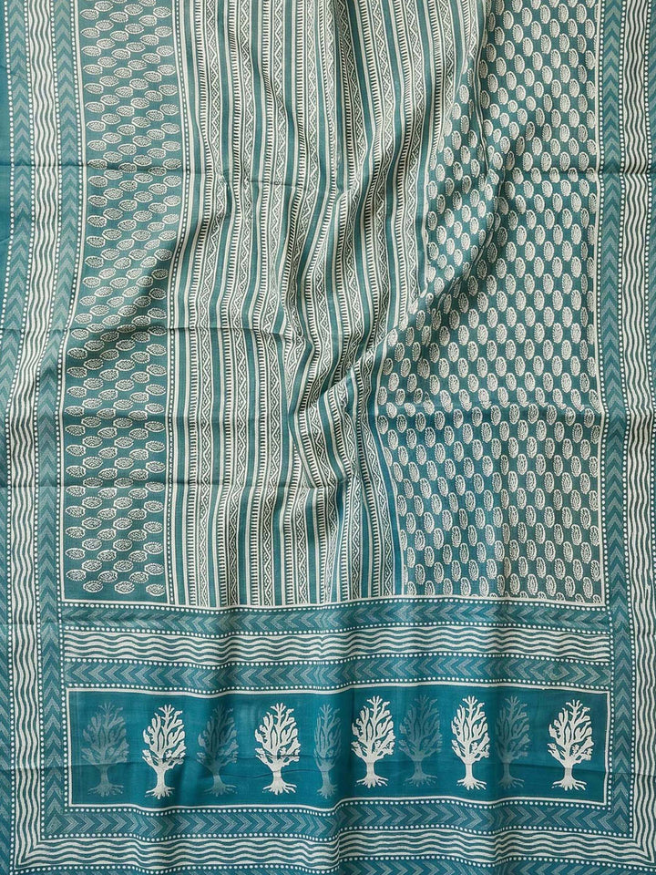 Blue Printed Cotton Blend Unstitched Suit &amp; Pant With Cotton Dupatta