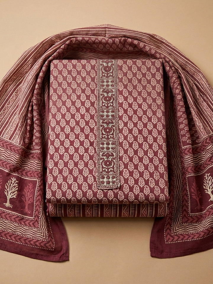 Maroon Printed Cotton Blend Unstitched Suit &amp; Pant With Cotton Dupatta