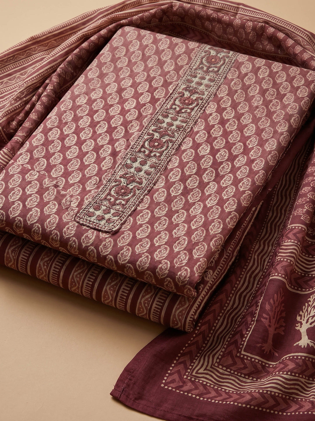 Maroon Printed Cotton Blend Unstitched Suit &amp; Pant With Cotton Dupatta