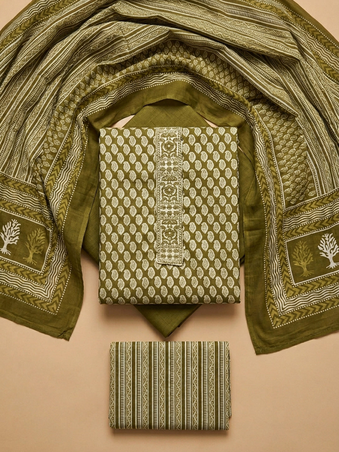 Mehndi Printed Cotton Blend Unstitched Suit &amp; Pant With Cotton Dupatta