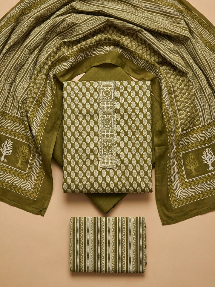 Mehndi Printed Cotton Blend Unstitched Suit &amp; Pant With Cotton Dupatta