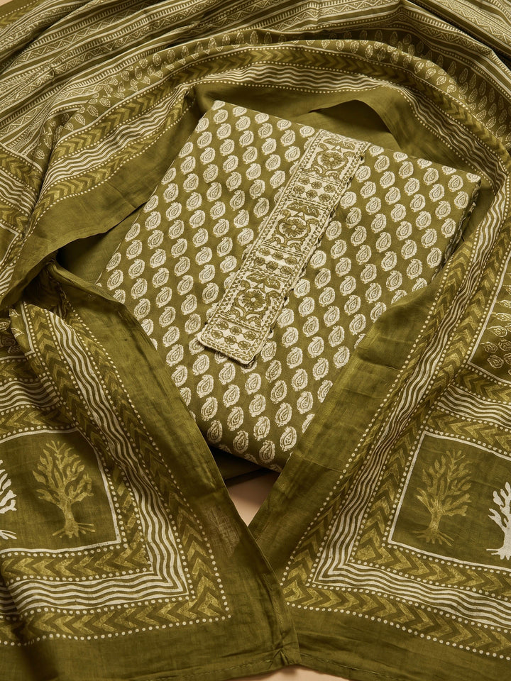 Mehndi Printed Cotton Blend Unstitched Suit &amp; Pant With Cotton Dupatta