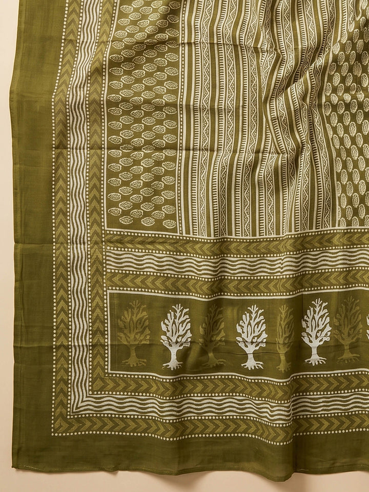 Mehndi Printed Cotton Blend Unstitched Suit &amp; Pant With Cotton Dupatta